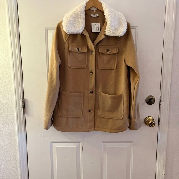 Paper Crane Woman's Tan Farm-House Sherpa Collar Outdoor Jacket Sz Lr - Picture 2 of 9
